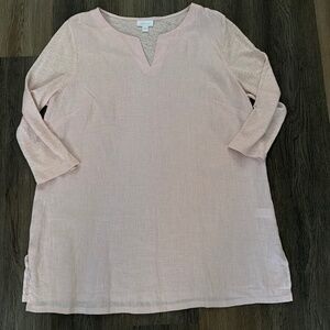 J. Jill Love Linen tunic top size L blush pink v-neck 3/4 sleeve 100% linen